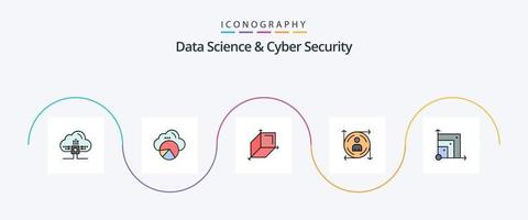 la línea de ciencia de datos y seguridad cibernética llenó el paquete de iconos planos 5 que incluye el sistema. camino. 3d.flecha. usuario vector