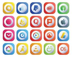 Paquete de 20 íconos de redes sociales que incluye Grooveshark Windows Media Player Feedburner Quicktime Apple vector