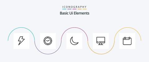 paquete de iconos de la línea 5 de elementos básicos de la interfaz de usuario que incluye la fecha. calandrar. noche. hardware. monitor vector