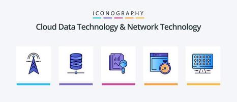 La tecnología de datos en la nube y la línea de tecnología de red llenaron un paquete de 5 iconos, incluido el navegador. informática. dedo . datos . nube. diseño de iconos creativos vector