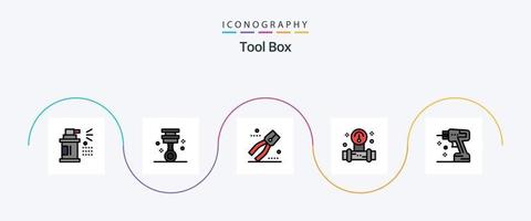 Tools Line Filled Flat 5 Icon Pack Including drill. water. construction. tools. manometer vector