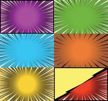 Comic book colorful frames background with halftone rays radial and dotted effects pop art style vector