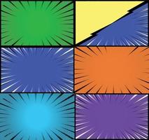 Comic book colorful frames background with halftone rays radial and dotted effects pop art style vector