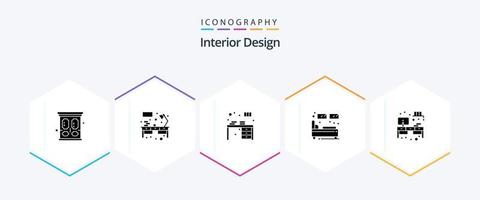 paquete de iconos de 25 glifos de diseño de interiores que incluye marco. soltero. mesa. hotel. Decorar vector