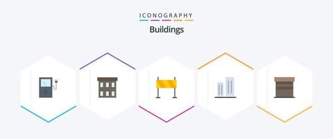 Paquete de 25 iconos planos de edificios que incluye rascacielos. negocio. barrera. edificios camino vector