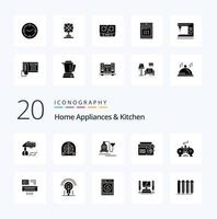 20 electrodomésticos y paquete de iconos de glifos sólidos de cocina, como calefacción por cable de cocina, aspiradora de hotel vector