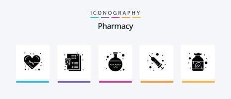 Pharmacy Glyph 5 Icon Pack Including herbal. ayurvedic pills. flask. medical. injection. Creative Icons Design vector