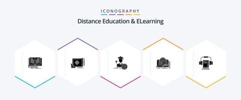 Distance Education And Elearning 25 Glyph icon pack including theory. book. target. novel. scholar vector