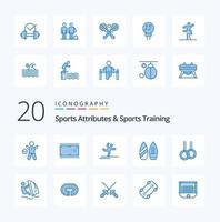 20 atributos deportivos y paquete de íconos de color azul de entrenamiento deportivo como patinaje de bolsillo de snowboard de invierno vector