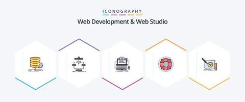 paquete de iconos de línea completa de desarrollo web y estudio web 25 que incluye marco. contenido. monobloque. preservador boya salvavidas vector