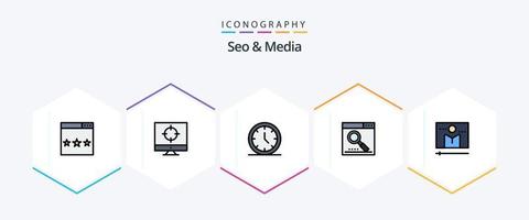 Seo and Media 25 FilledLine icon pack including search. optimize. targeting. media. web vector