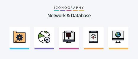 la línea de red y base de datos llenó el paquete de 5 iconos, incluida la base de datos. nube. candado. en línea. diseño de iconos creativos vector