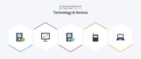 Paquete de 25 iconos planos de dispositivos que incluye dispositivos. walkie-talkie ordenadores. radio. señal vector