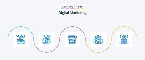 paquete de iconos azul 5 de marketing digital que incluye equipo. compras. charlar. mercado. en línea vector