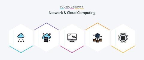 paquete de iconos de 25 líneas completas de red y computación en la nube que incluye la nube. carpeta. nube. tecnología. globo vector