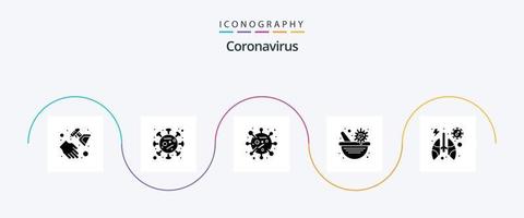 paquete de iconos de glifo 5 de coronavirus que incluye infectados. vacuna viral bacterias tazón de farmacia. medicamento vector