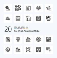 20 seo web y paquete de iconos de línea de medios publicitarios como trofeo estrella seo medalla inicio de sesión vector