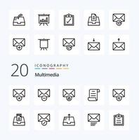 20 Multimedia Line icon Pack like presentation analytics script send mail vector