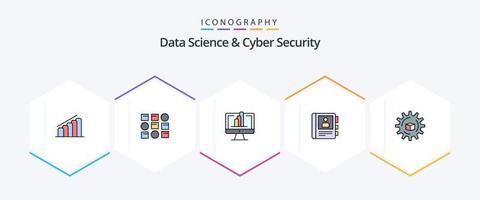 Paquete de iconos de 25 líneas completas de ciencia de datos y seguridad cibernética que incluye datos. información computadora. diario. teléfono vector