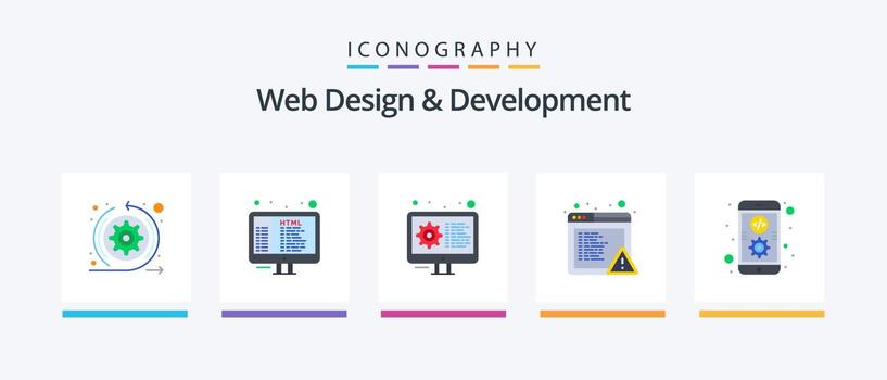 Web Design And Development Flat 5 Icon Pack Including development. app. coding. error. alert. Creative Icons Design vector