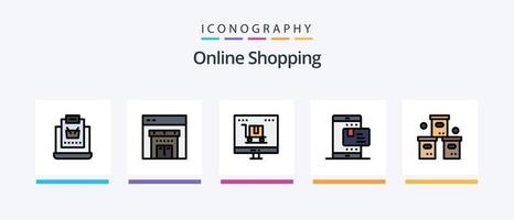 la línea de compras en línea llenó un paquete de 5 íconos que incluye compras. en línea. móvil. computadora. teléfono inteligente diseño de iconos creativos vector