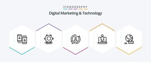 Digital Marketing And Technology 25 Line icon pack including marketing. world. marketing. marketing. laptop vector