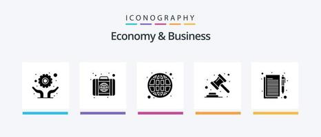 Economy And Business Glyph 5 Icon Pack Including document. banking. law. auction. Creative Icons Design vector