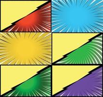 Comic book colorful frames background with halftone rays radial and dotted effects pop art style vector