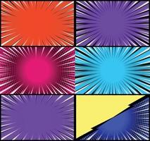 Comic book colorful frames background with halftone rays radial and dotted effects pop art style vector