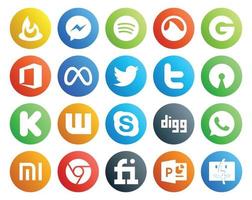 Paquete de 20 íconos de redes sociales que incluye xiaomi digg twitter chat wattpad vector