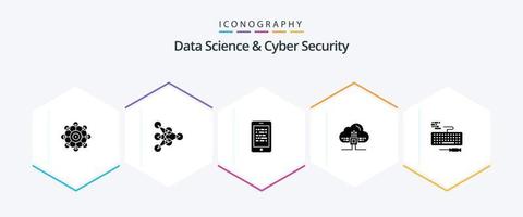 paquete de iconos de 25 glifos de ciencia de datos y seguridad cibernética que incluye clave. nube. móvil. datos. aprendizaje electrónico vector