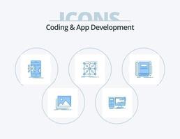 codificación y desarrollo de aplicaciones paquete de iconos azules 5 diseño de iconos. aplicación datos. puesto de trabajo. móvil. codificación vector