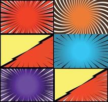 Comic book colorful frames background with halftone rays radial and dotted effects pop art style vector