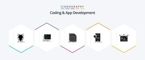 Coding And App Development 25 Glyph icon pack including app. certificate. nature. document. coding vector