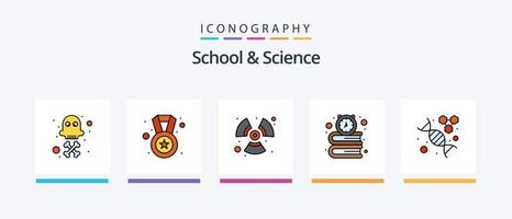 la línea de la escuela y la ciencia llenó el paquete de 5 íconos, incluida la geografía. escritorio. matraz. biblioteca. libros. diseño de iconos creativos vector