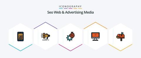 seo web y medios publicitarios 25 paquete de iconos de línea completa que incluye pantalla. anuncio. anuncio. televisor. configuración vector