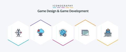 Game Design And Game Development 25 FilledLine icon pack including layout. design. special. multiplayer. world vector