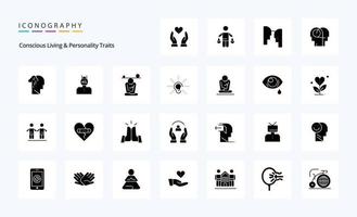 25 Concious Living And Personality Traits Solid Glyph icon pack vector