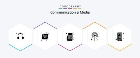 Communication And Media 25 Glyph icon pack including share. internet. paper. stand. network vector