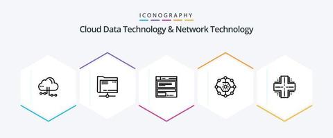 paquete de iconos de 25 líneas de tecnología de datos en la nube y tecnología de red, incluida la informática. red. archivo . conectividad. informática vector