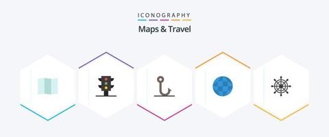 Paquete de 25 iconos planos de mapas y viajes que incluye . mapa. rueda vector
