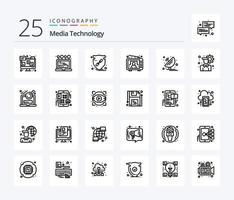 Media Technology 25 Line icon pack including antenna. tv. trust. television. shield vector