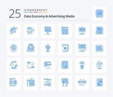 economía de datos y medios publicitarios 25 paquete de iconos de color azul que incluye video. marketing. transferir. promoción. publicidad vector