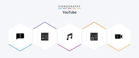 paquete de iconos de 25 glifos de youtube que incluye video. ui aplicación documento. música vector