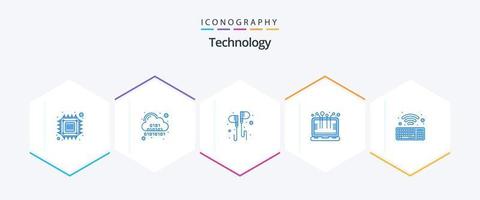 tecnología 25 paquete de iconos azules que incluye dispositivo. tecnología inteligente digital. teléfono inteligente auriculares vector