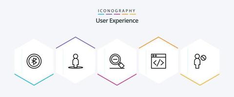 paquete de iconos de 25 líneas de experiencia de usuario que incluye desarrollo. web buscar menos vector