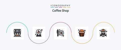 la línea de la cafetería llenó el paquete de iconos planos 5 que incluye muffin dulce. taza. mapa. pastel. comercio vector