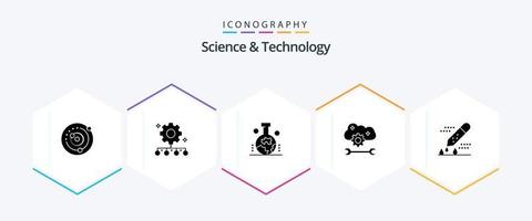 paquete de iconos de 25 glifos de ciencia y tecnología que incluye la configuración de la nube. Preferencias en la nube. gestión del trabajo servicio de aplicaciones en la nube. estudio cientifico del origen de la tierra vector