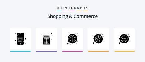 Shopping And Commerce Glyph 5 Icon Pack Including new. quality. number cruncher. premium. info button. Creative Icons Design vector