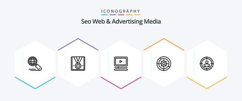 Seo Web And Advertising Media 25 Line icon pack including process. setup. trophy. settings. mp mp vector